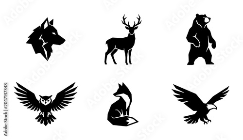 Photography Wild Animal Silhouettes: Wolf, Deer, Bear, Owl, Fox, Eagle Icons, Nature Vector