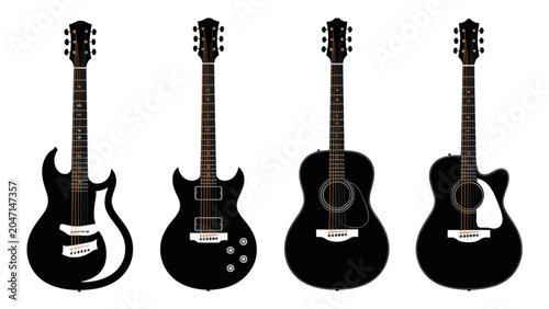 Fotografía Four black electric guitars in a row with different body styles Vector