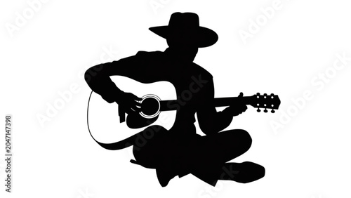 Silhouette of cowboy playing black and white acoustic guitar in relaxed pose Vector