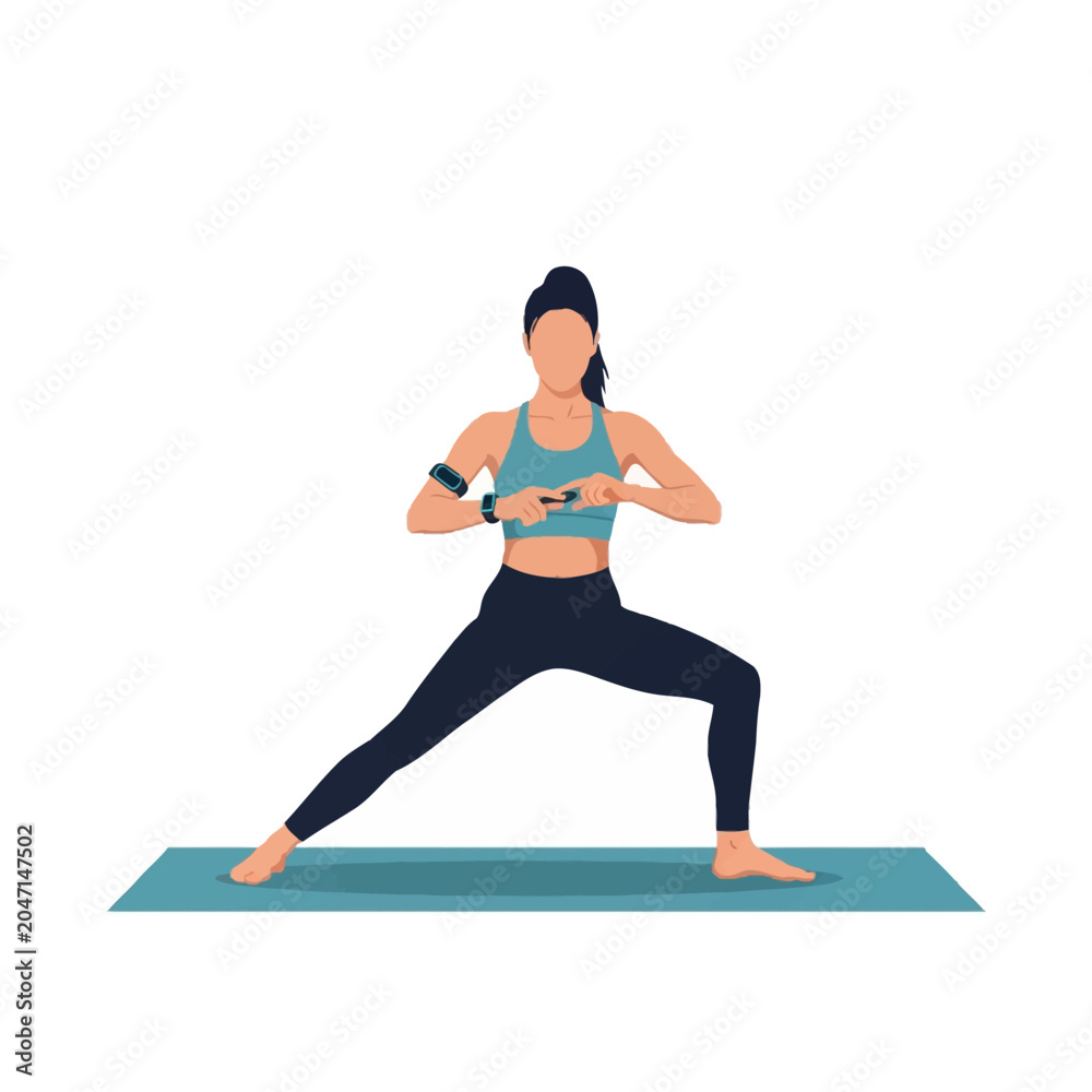 Fototapeta premium Vector illustration of a faceless woman in teal sports bra and leggings performing a side lunge on a yoga mat while checking a smartwatch and wearing a fitness tracker armband.