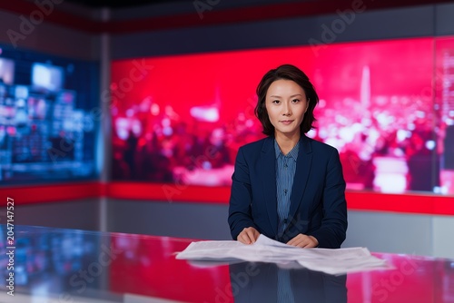Confident news anchor in a modern broadcast studio, preparing to deliver the latest updates on live television.