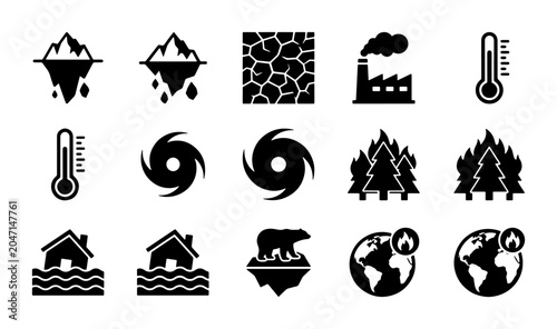 фотографія Climate Change Icons: Global Warming, Melting Ice, Floods, Hurricanes, Drought,