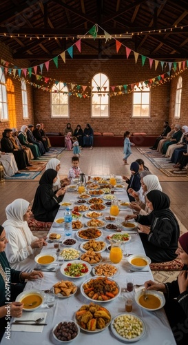 Muslim community gathering for iftar dinner during Ramadan in a decorated community hall.