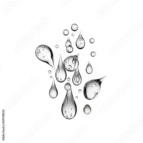 Clear Water Drops and Splashes on White Background.