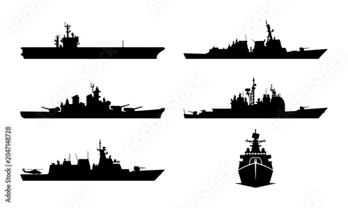 Fotografie Naval Warships Collection, Military Vessels Silhouettes, Modern Battleships Vect