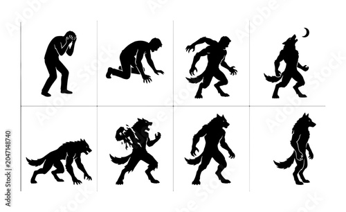 Photos Werewolf Transformation Sequence, Human to Beast Silhouette Icons, Spooky Hallow