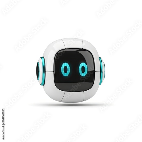 Cute Spherical Robot with Glowing Blue Eyes on White Background.