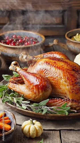 Roasted turkey centerpiece on festive dining table