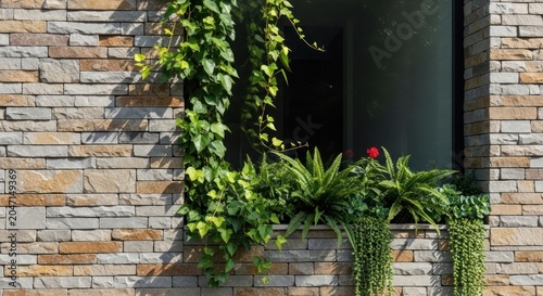 Natural stone wall exterior with lush green hanging plants and window.