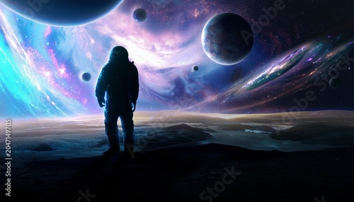 An astronaut stands on an alien planet, marveling at vibrant galaxies and planets in a stunning cosmic scene.