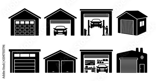 Fotografie Garage Icons Set, Vehicle Storage Buildings, Automotive Service Structures, Blac