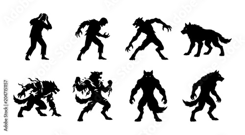 Fotografie Werewolf Transformation Silhouettes, Mythical Creature Evolution, Horror Monster
