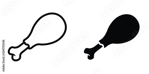 Chicken leg icon set in outlined drawings with flat version.