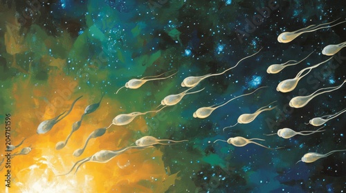 Numerous sperm cells swim diagonally across a vibrant cosmic background filled with blue, green, and golden nebula tones, illustrating fertility, reproduction, and the journey toward conception