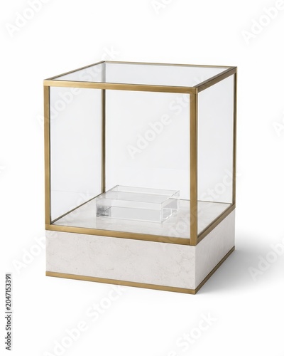 Luxury glass display case box with a clear cube vitrine slim brushed brass frame white stone pedestal base small centered acrylic riser inside elegant museum showcase concept