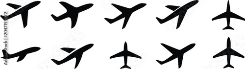 Fotografi Airplane Silhouette Icons Set – Aircraft Flight Symbols, Aviation Transport Vect