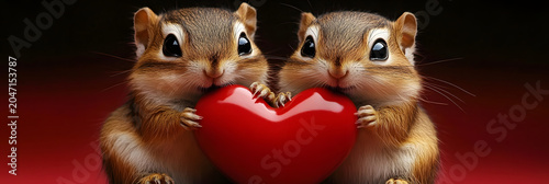 Two adorable fluffy squirrels holding a red love heart on a panoramic scenic view