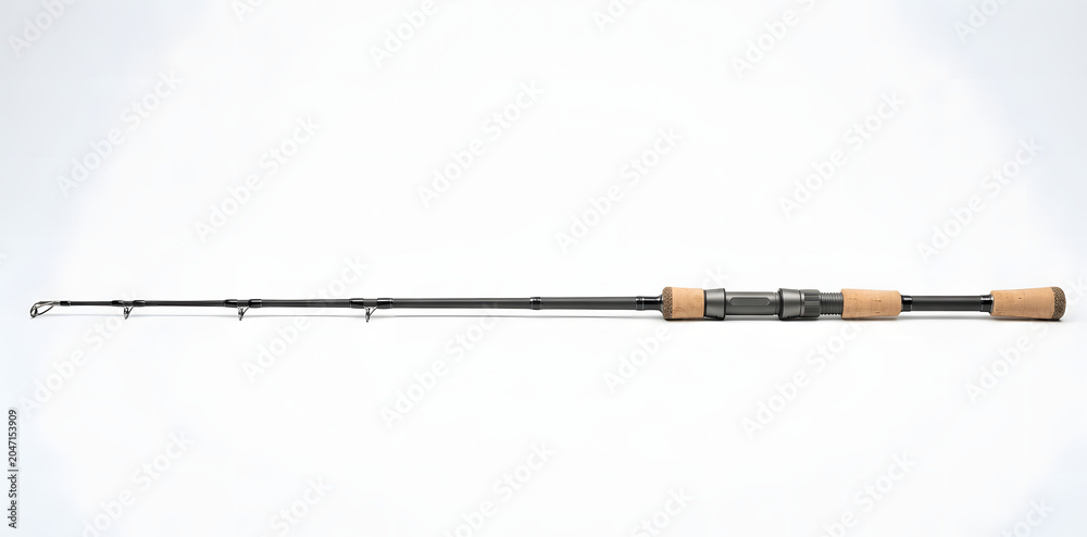 Naklejka premium Modern carbon fiber fishing rod with cork handle white isolated