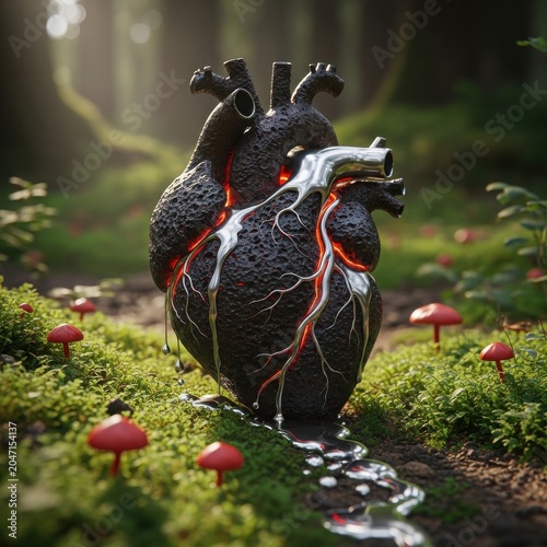Large anatomical heart sculpture standing in a magical forest with glowing mushrooms