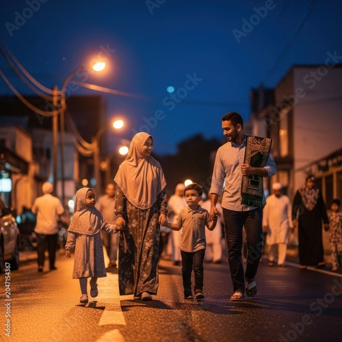 Happy Muslim family walking together on a street at night.