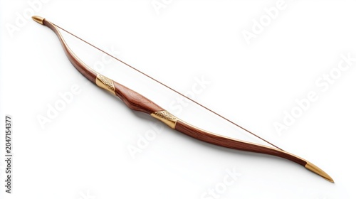 Elegant wooden recurve bow with ornate gold accents on a clean white background