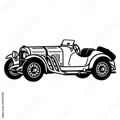 Vintage Classic Race Car with Exposed Exhaust Pipes Black and White Vector