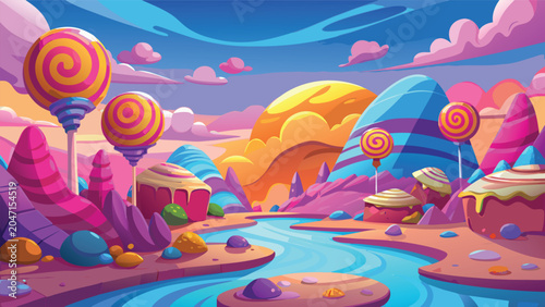 Whimsical candy landscape with lollipop trees and a flowing river during a vibrant sunset vector illustration