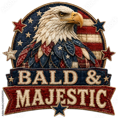 Patriotic Eagle Head Patch Emblem with American Flag Background and Bold Vintage Typography