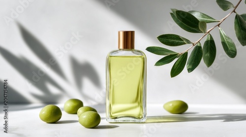 Elegant glass bottle of golden olive oil with fresh olives and leaves, studio lighting