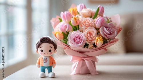 Charming figurine and delicate pastel bouquet of roses and tulips create a sweet gift arrangement