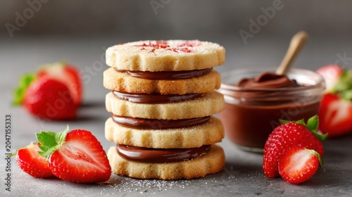 Delicious strawberry shortbread cookies with chocolate filling and fresh berries.