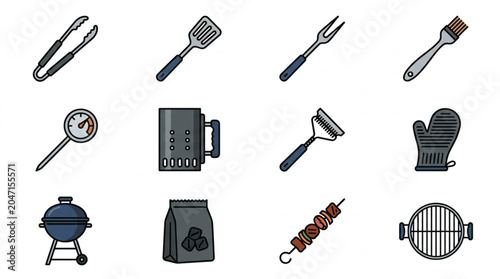 Grilling and Barbecue Tools Icon Set