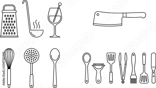 Foto Kitchen Utensil Outline Icons Collection Featuring Grater Ladle Whisk Cleaver Sp