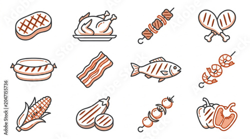 Assorted Grilled and Cooked Meats and Vegetables Icons