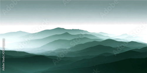 Fotografi Misty mountain range painted serene emerald and teal hue, layers receding into atmospheric haze, evoking profound solitude and timeless majesty