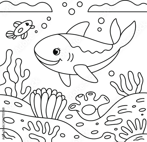 Coloring page of a smiling shark swimming near coral reefs