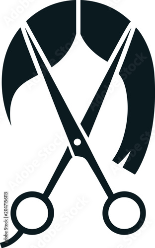 Black silhouette of hairdressing scissors cutting a lock of hair
