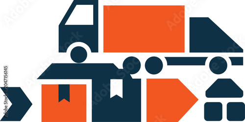 Flat of a delivery truck with cardboard boxes and arrow