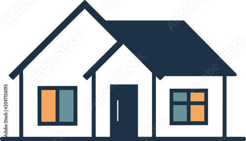 Minimalist of a suburban house with dark blue roof and orange windows