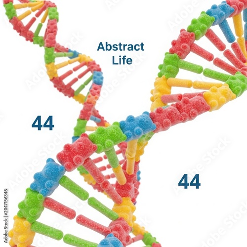 Colorful dna double helix strand with abstract life text and numbers 44