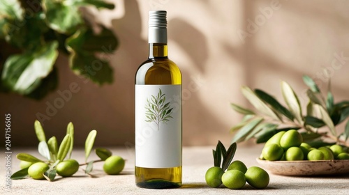 Elegant bottle of olive oil with fresh olives and leaves, minimalist label design