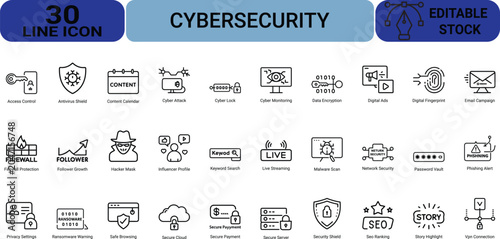Cybersecurity icons set featuring thirty thin line vector graphics for digital protection hacker prevention data encryption and secure web browsing.