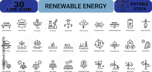Detailed set of thirty renewable energy line icons showcasing sustainable power sources green infrastructure solar panels and advanced wind farm technology.