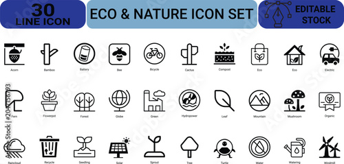 Eco nature line icons set. collection of eco and nature thin line icons. ecological natural and environmental friendly signs.