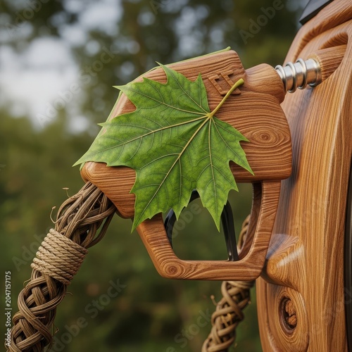 Green leaf on a gas pump nozzle, symbolizing eco-friendly fuel and nature