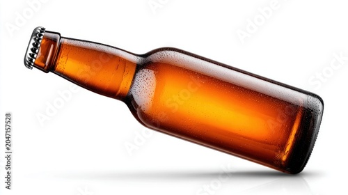 Amber beer bottle with condensation, isolated on a white background, studio shot