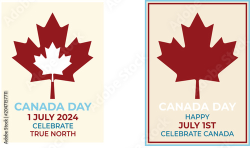 Canada Day True North Celebration Vector Set with Layered Maple Leaf Silhouette and Framed Holiday Poster Illustration for July 1st 