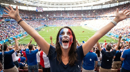 Excited fan with painted face celebrates during a thrilling football match in a packed stadium