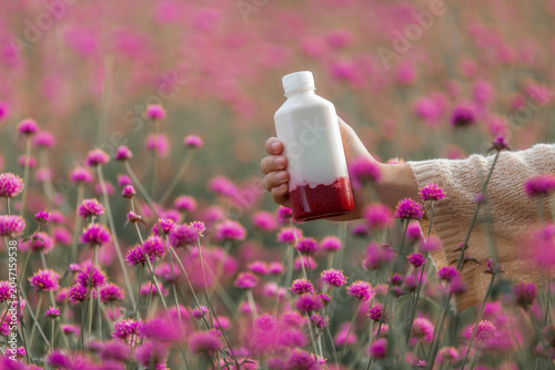 A close-up side view of a woman's hand in a cozy beige sweater holding a clear plastic bottle filled with fresh strawberry yogurt milk.