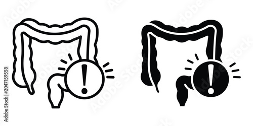 Foto Gut constipation icon set in outlined drawings with flat version.